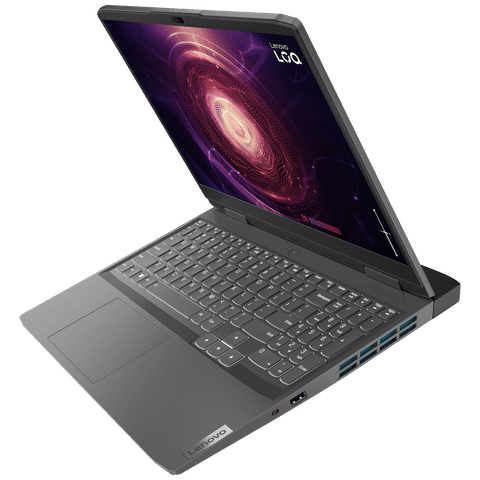 Lenovo LOQ Gaming laptop with sleek design, backlit keyboard, and vibrant screen showing cosmic visual