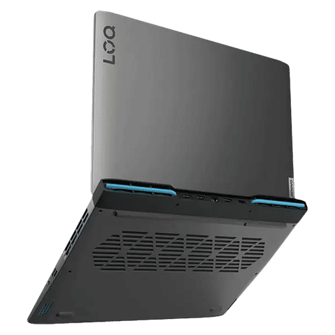 Lenovo LOQ Gaming laptop angled view showing cooling vents and sleek gray top cover