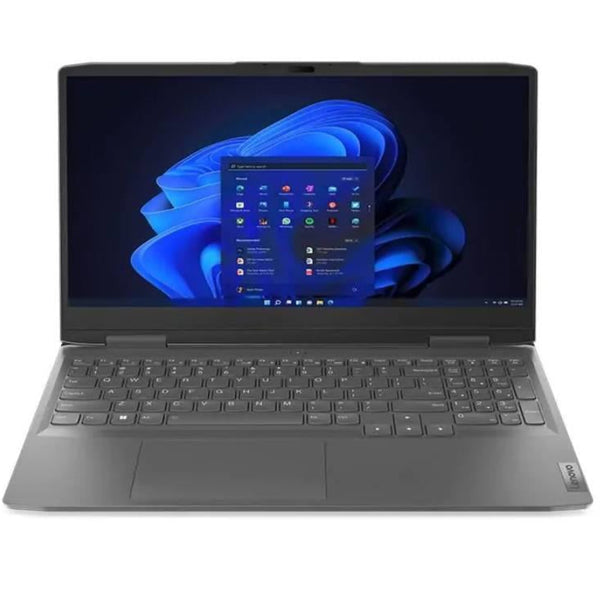 Lenovo LOQ gaming laptop with open screen displaying Windows 11 desktop on gray keyboard