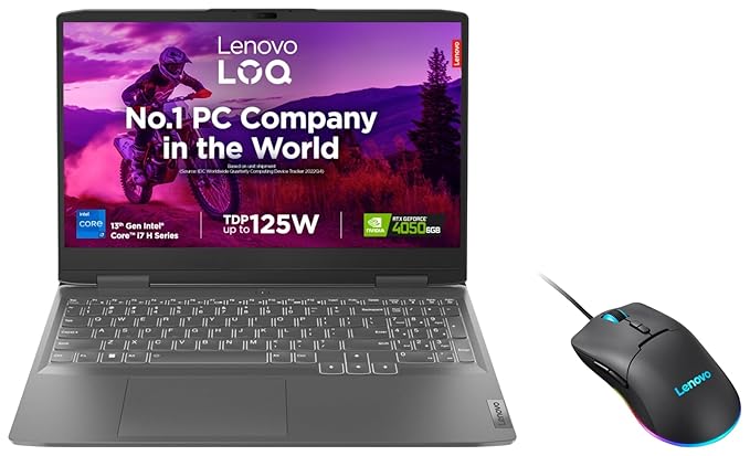 Lenovo LOQ Gaming laptop with 13th Gen Intel Core i7, backlit keyboard, and Lenovo gaming mouse