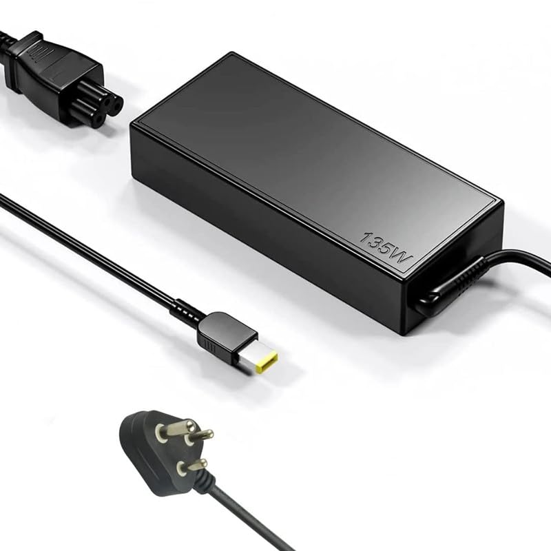 Lenovo Slim 135W AC Adapter with black rectangular charger and power cords for laptop charging