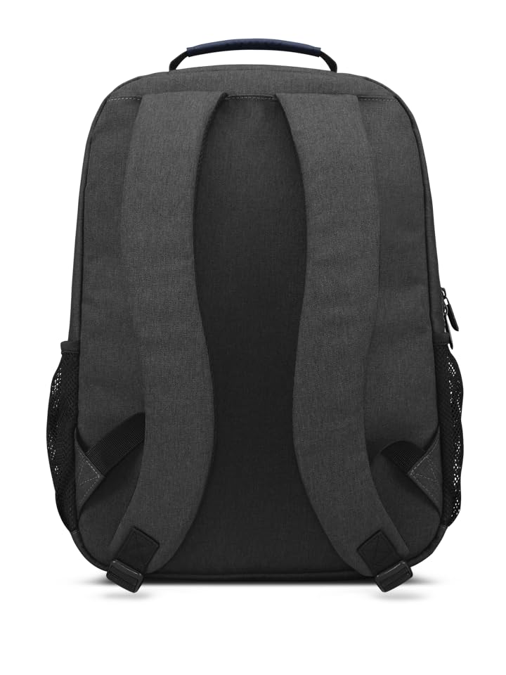 Back view of Lenovo slim backpack in dark gray with padded shoulder straps and mesh side pockets
