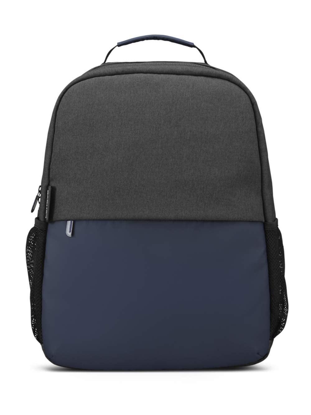 Lenovo slim backpack in black and navy blue with dual compartments and side mesh pockets