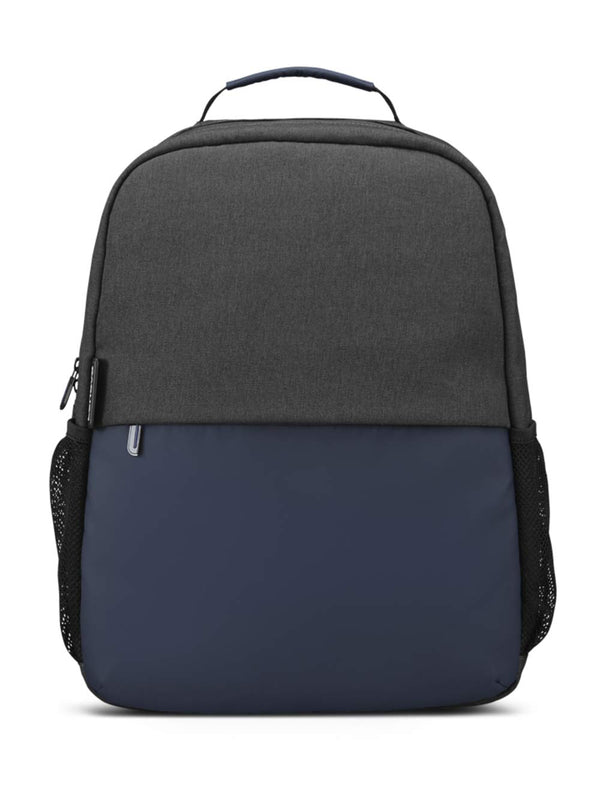 Lenovo slim backpack in black and navy blue with dual compartments and side mesh pockets
