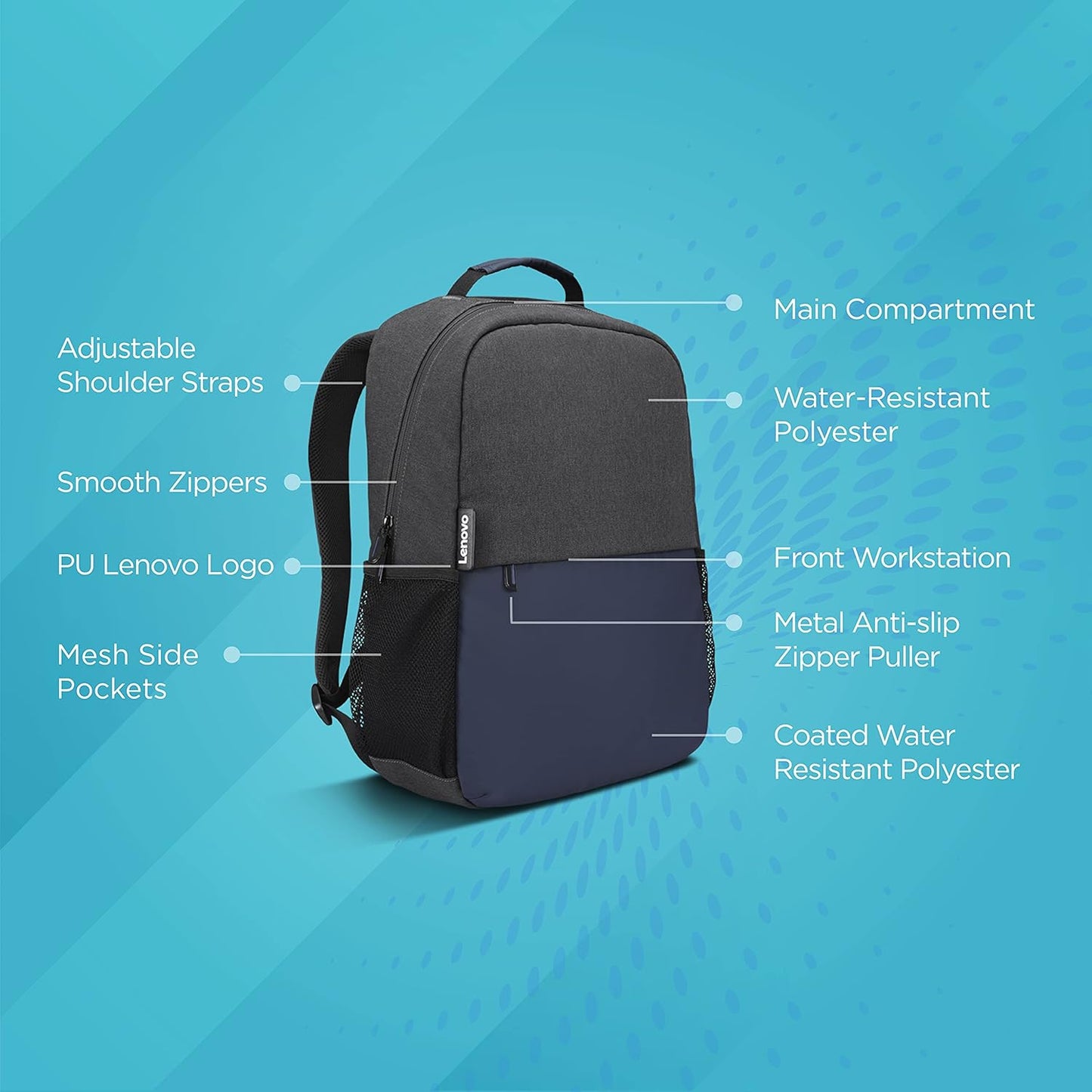 Lenovo slim backpack in black and navy with adjustable straps and multiple compartments