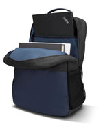 Lenovo slim backpack in black and navy blue with multiple compartments holding a laptop and books