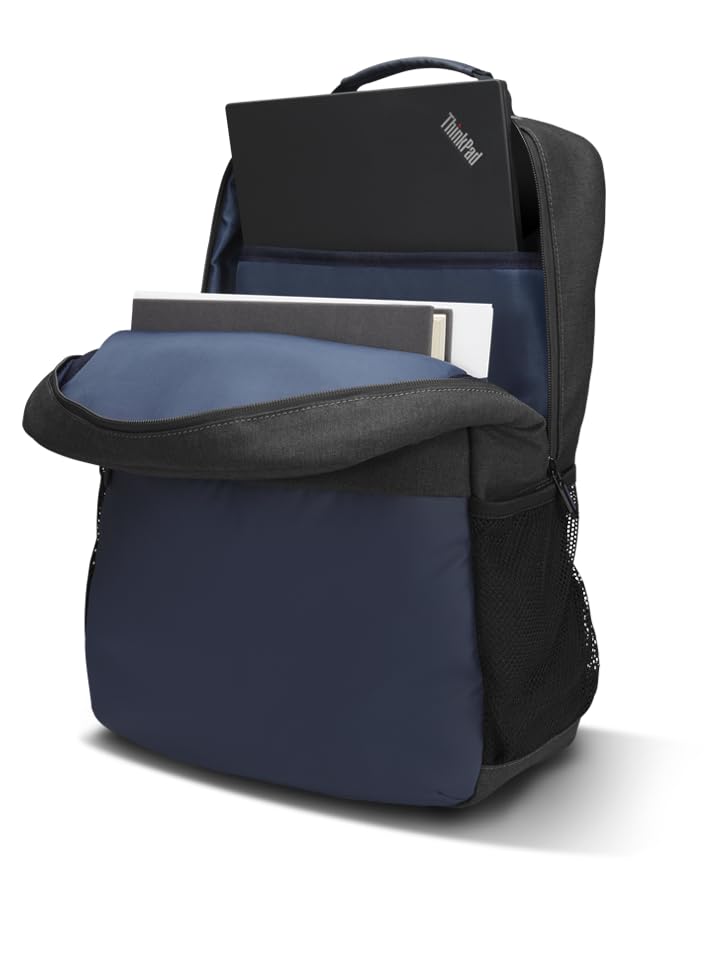 Lenovo slim backpack in black and navy blue with multiple compartments holding a laptop and books