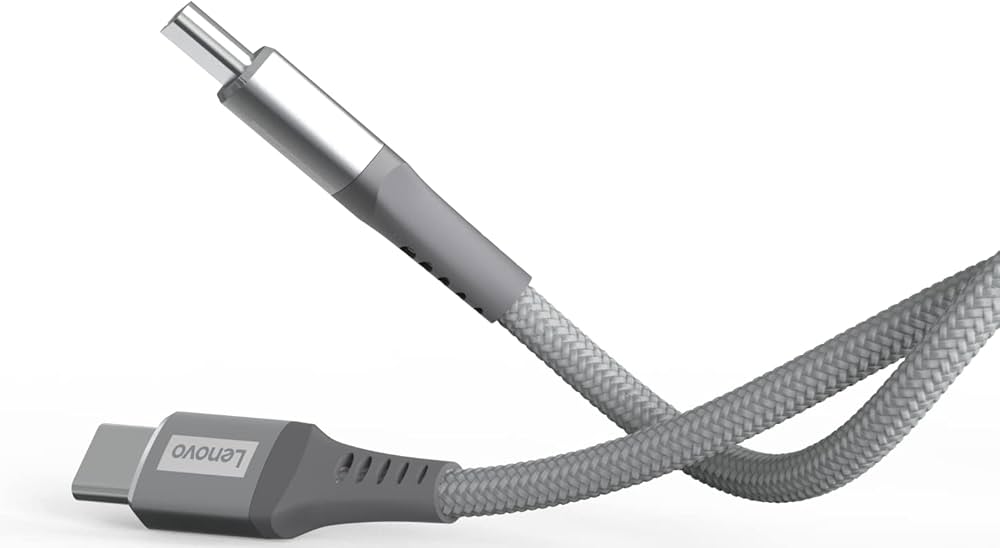 Lenovo Type C cable with gray braided exterior for durable and fast data transfer