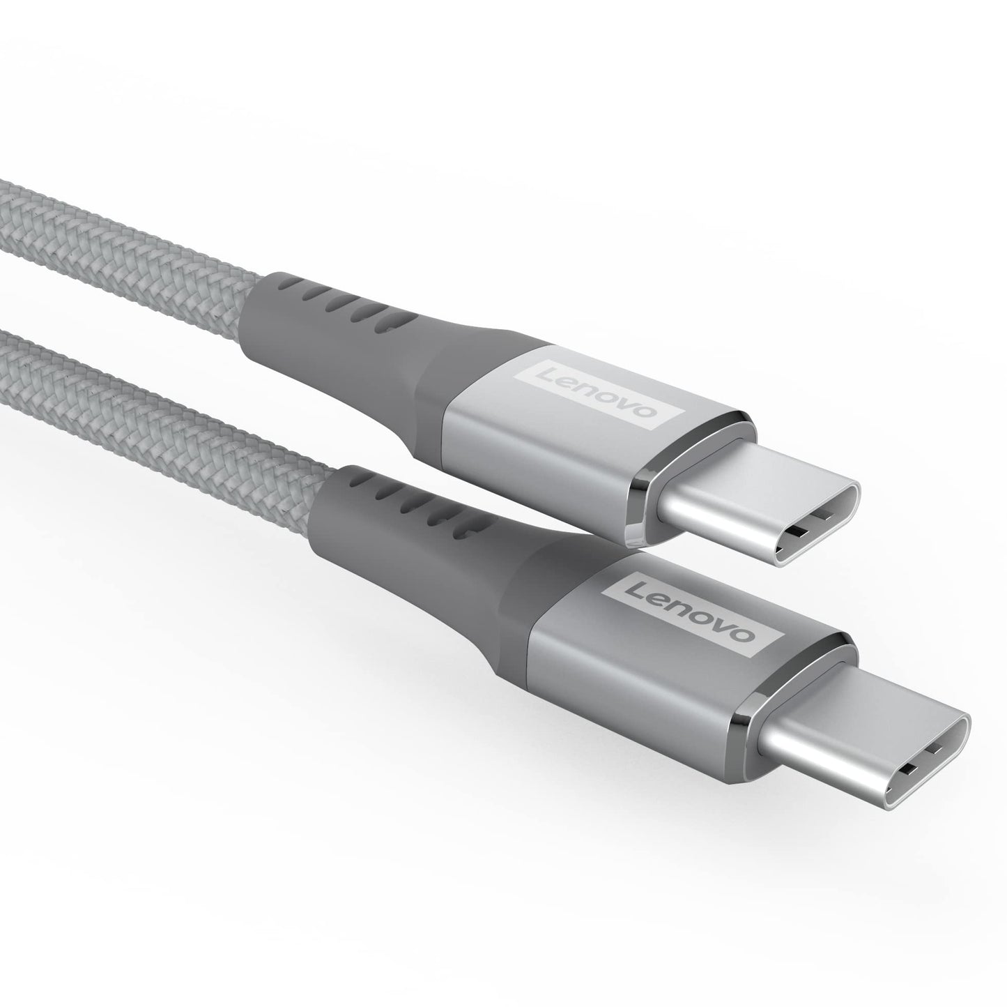 Lenovo Type C cable with braided design and silver connectors for durable charging and data transfer