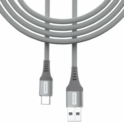 Lenovo Type C cable with durable braided design and USB-A to USB-C connectors in gray