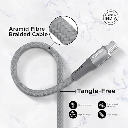Lenovo USB C cable with aramid fiber braided design, tangle-free, heat resistant, and high strength