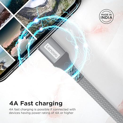 Lenovo USB C cable with braided design connected to smartphone fast charging at 4A power