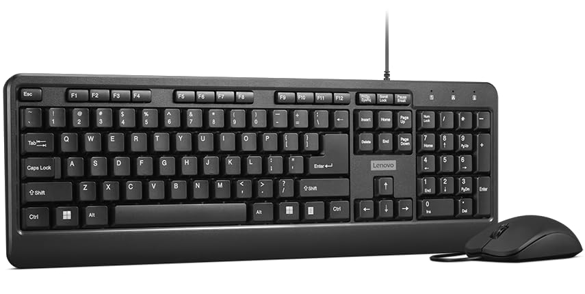 Lenovo wired keyboard and mouse combo in black with full-size keyboard and wired optical mouse