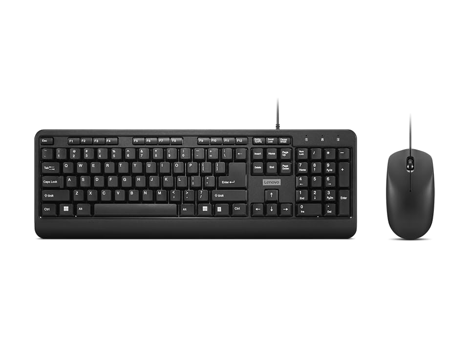Lenovo wired keyboard and mouse combo with full-size keyboard and wired optical mouse in black