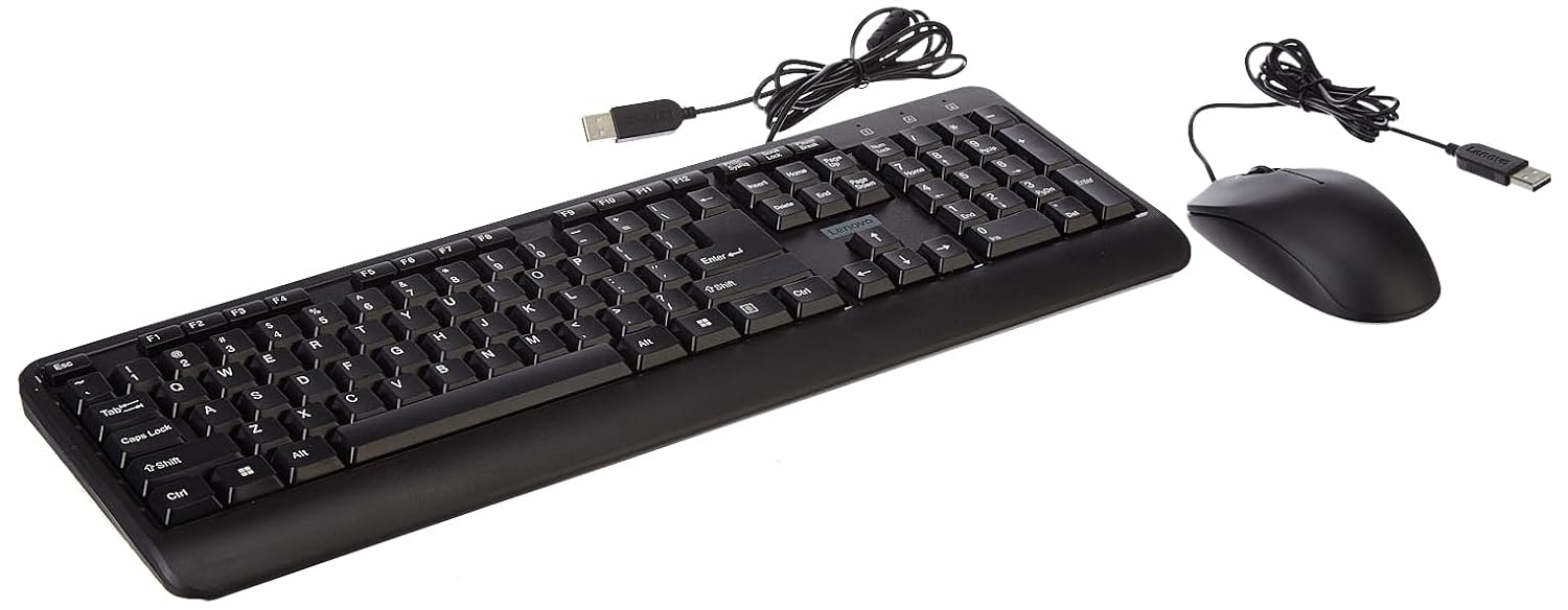 Lenovo wired keyboard and mouse combo with USB connectors in black for desktop use