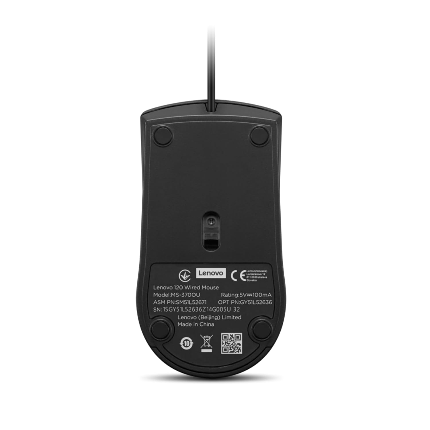 Bottom view of Lenovo wired mouse showing sensor and model details with black finish