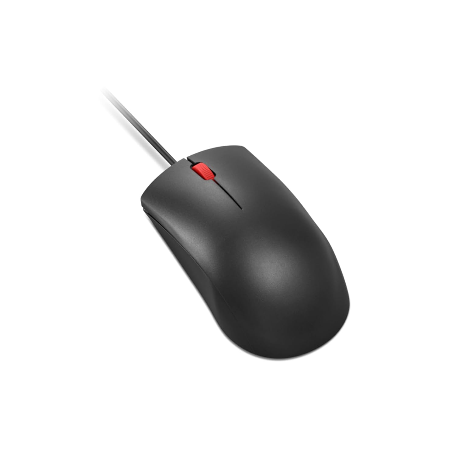 Lenovo wired mouse in black with red scroll wheel and ergonomic design