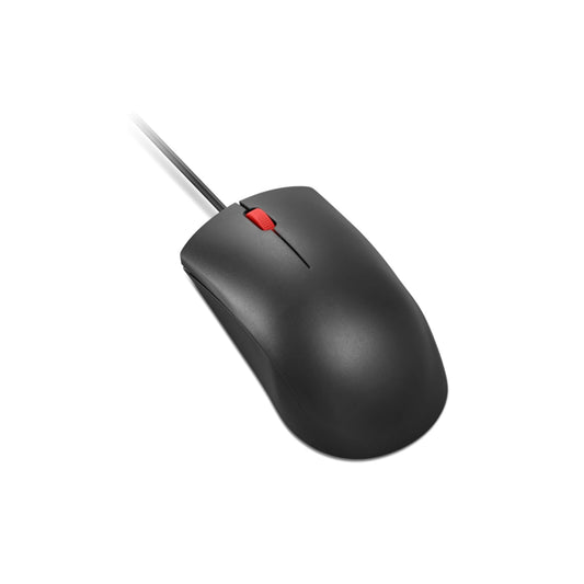 Lenovo wired mouse in black with red scroll wheel and ergonomic design