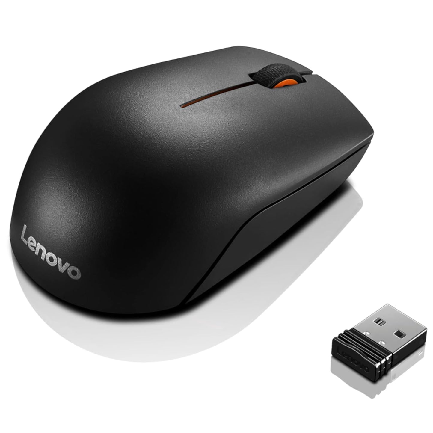 Black Lenovo wireless mouse with scroll wheel and USB receiver for wireless connectivity