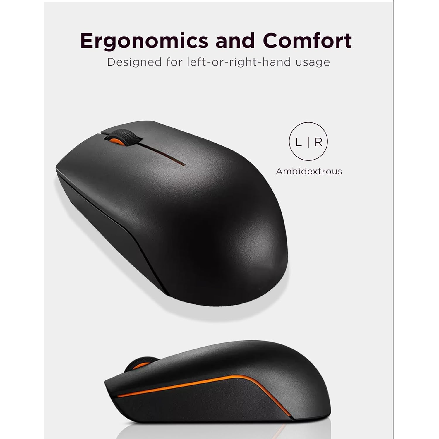 Lenovo wireless mouse in black with ergonomic design and ambidextrous comfort for left or right hand use