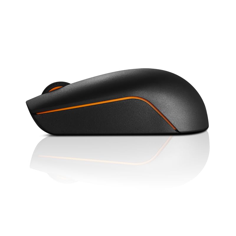 Lenovo wireless mouse in black with orange accents and ergonomic design