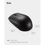 Lenovo wireless mouse in black showing size dimensions with 1 AA battery included