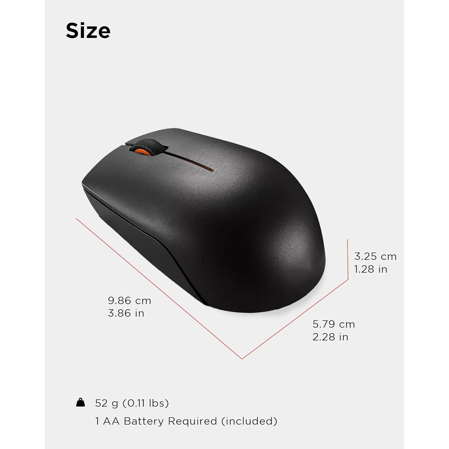 Lenovo wireless mouse in black showing size dimensions with 1 AA battery included