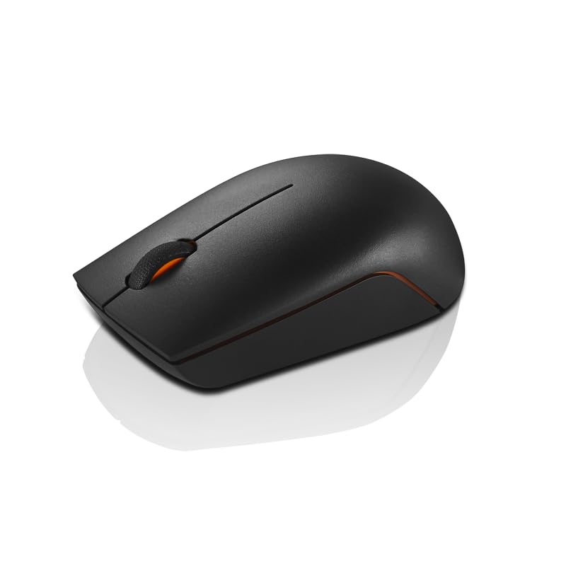 Black Lenovo wireless mouse with sleek ergonomic design and orange accents