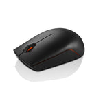 Black Lenovo wireless mouse with sleek ergonomic design and orange accents