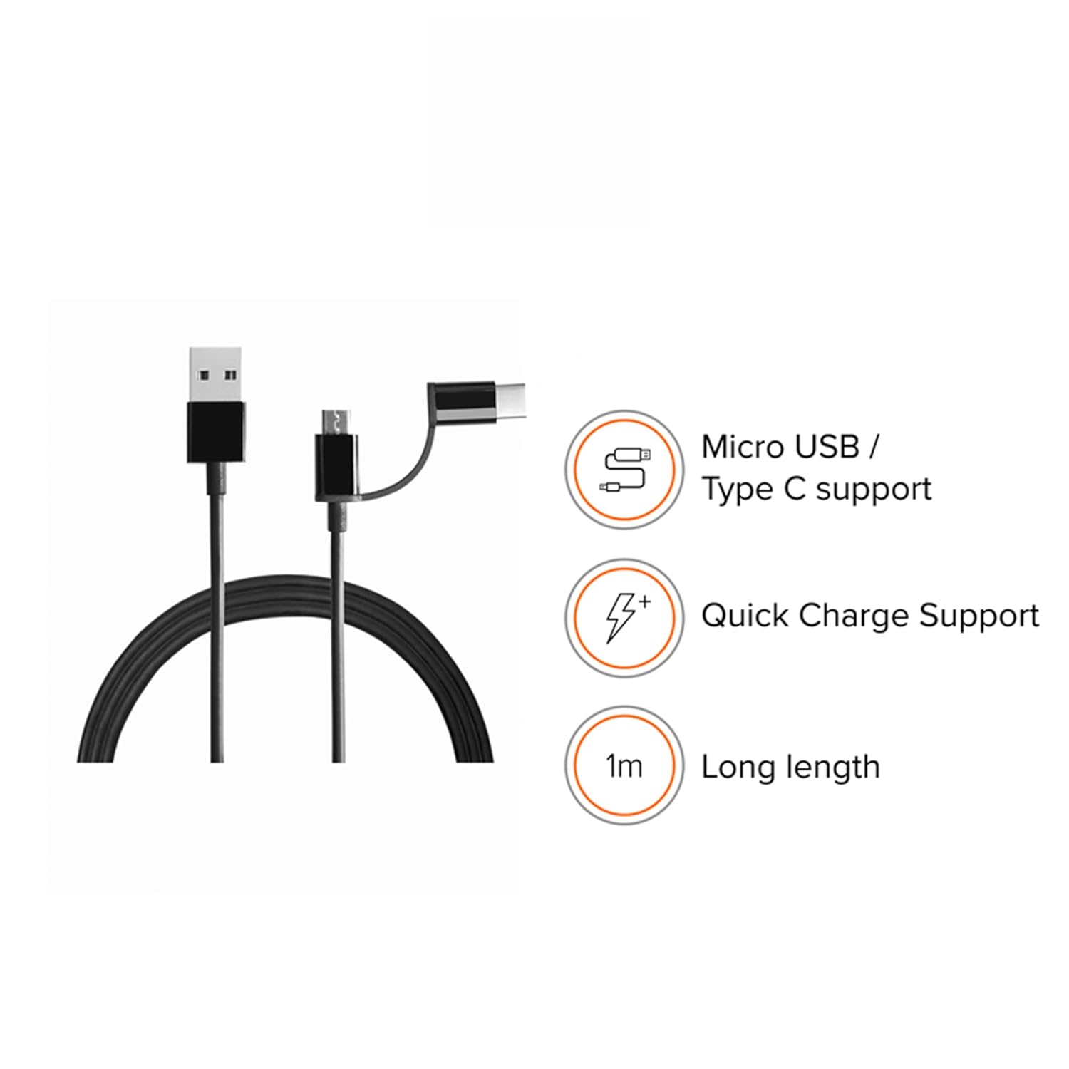 Redmi Mi 2-in-1 USB Type A to Type C cable with Micro USB and Type C support, quick charge, and 1m length