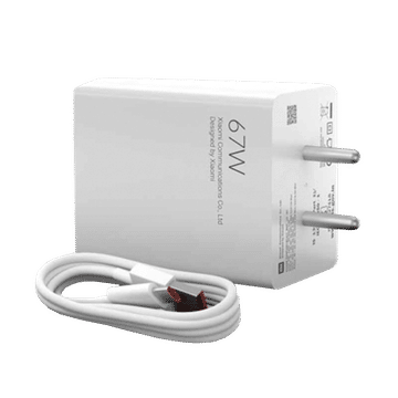 Redmi Mi 67W fast charger with white power adapter and USB cable for quick charging