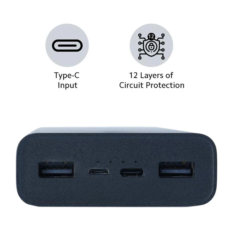 Redmi MI Power Bank 3i 10000mAh with Type-C input and dual USB output ports showing charging features