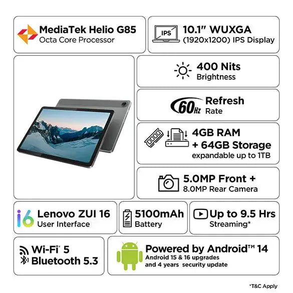 Lenovo Tab 10.1 (ZAEJ0054IN) | 4GB RAM, 64GB eMMC, WUXGA IPS Display