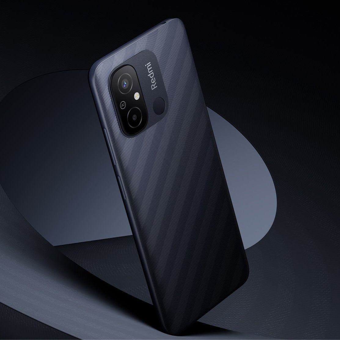 Redmi 12C 6GB RAM 128GB smartphone in black with textured back and dual camera setup