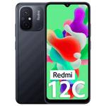 Redmi 12C 6GB RAM 128GB smartphone in black with dual rear cameras and vibrant display