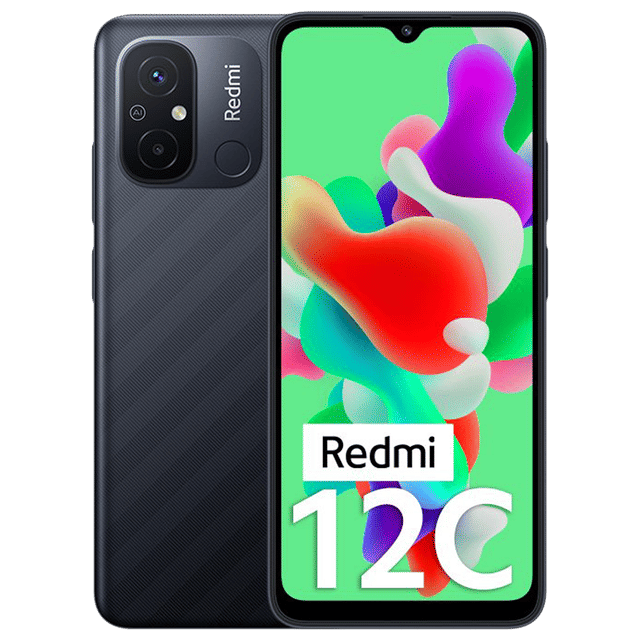 Redmi 12C 6GB RAM 128GB smartphone in black with dual rear cameras and vibrant display