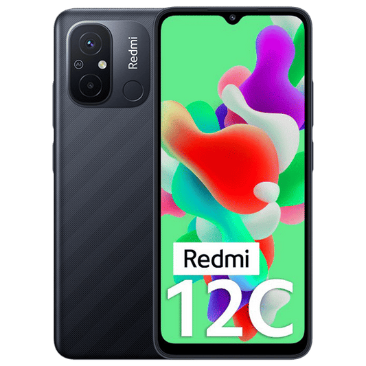 Redmi 12C 6GB RAM 128GB smartphone in black with dual rear cameras and vibrant display