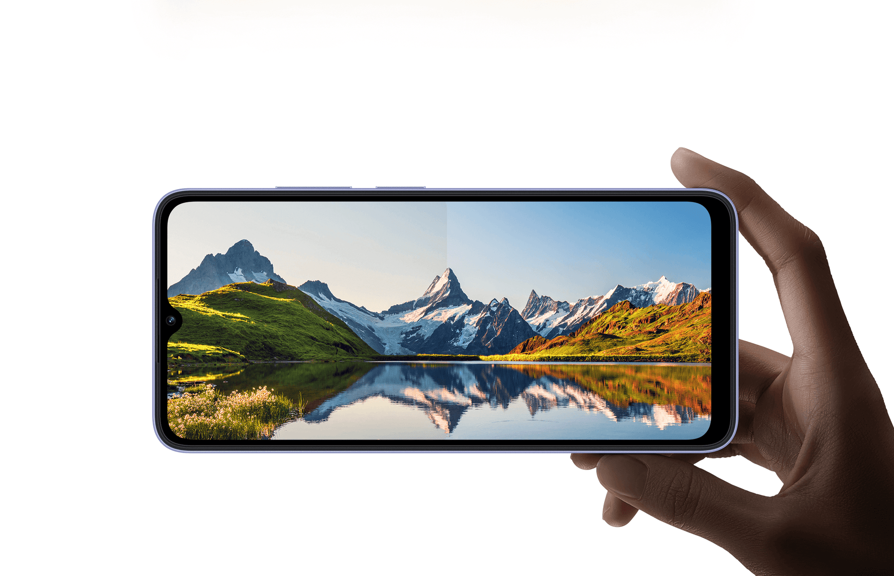 Hand holding Redmi 12C 6GB RAM 128GB phone displaying mountain landscape on screen