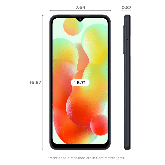 Redmi 12C 6GB RAM 128GB smartphone front and side view with 6.71 inch display dimensions