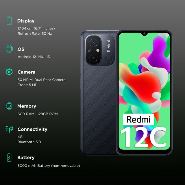 Redmi 12C 6GB RAM 128GB smartphone with 6.71 inch display and dual rear camera