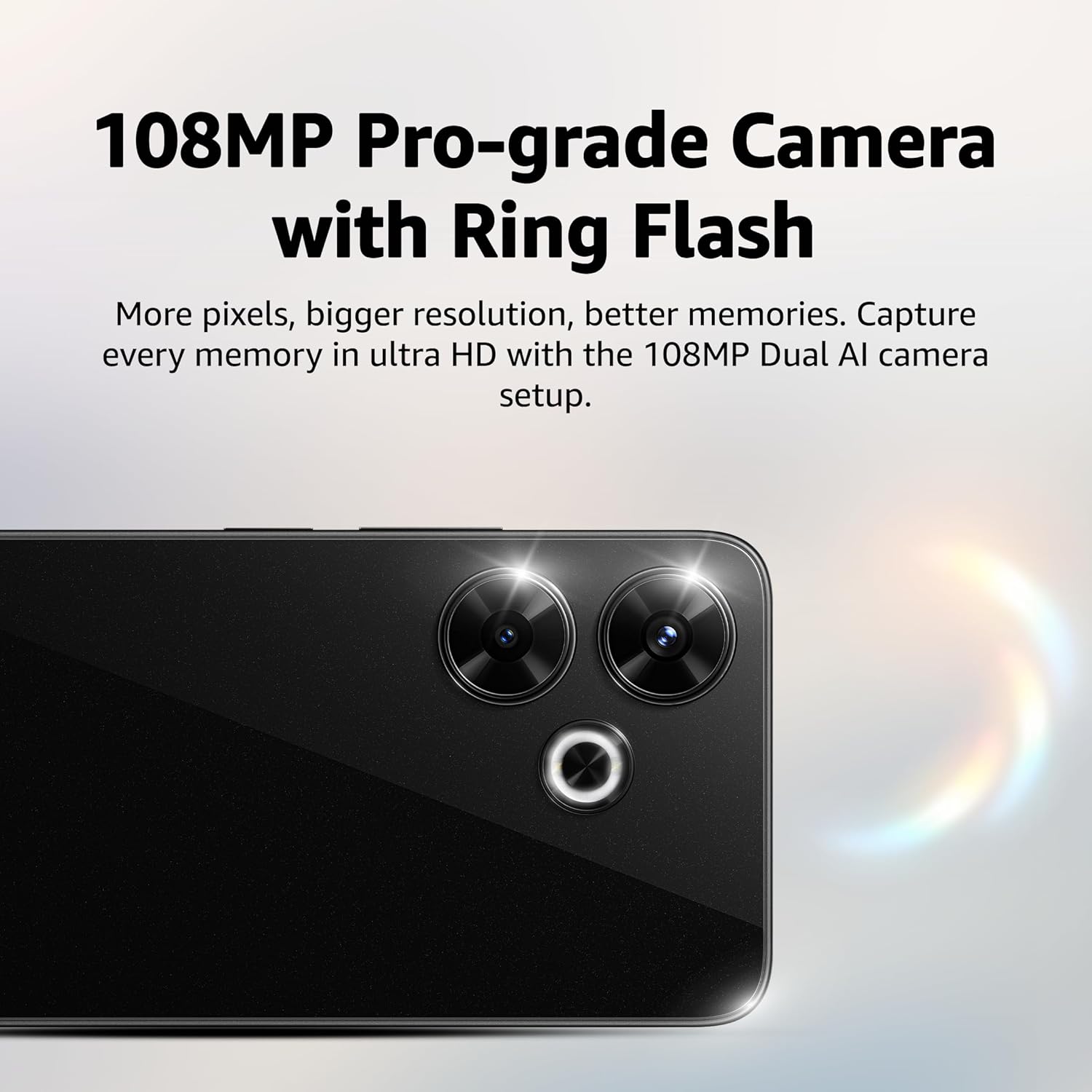 Redmi 13 5G smartphone with 108MP pro-grade dual camera and ring flash in black