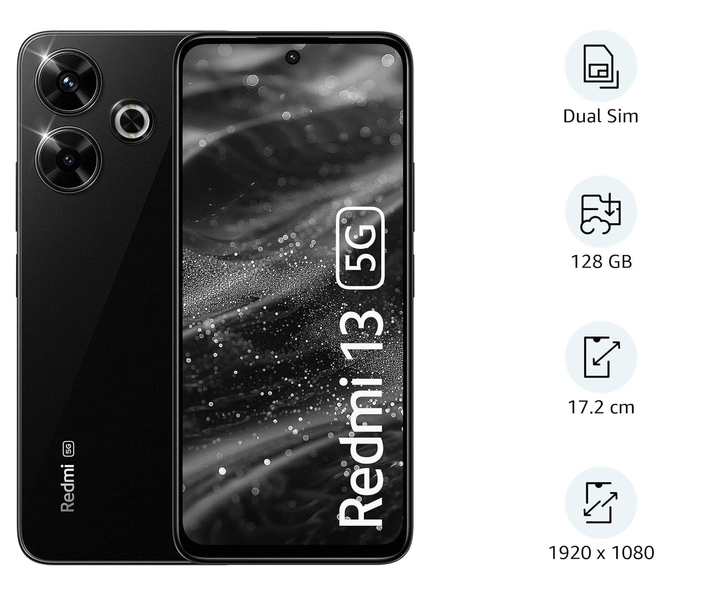 Black Redmi 13 5G smartphone front and back view with dual sim 128GB storage and 1920x1080 display