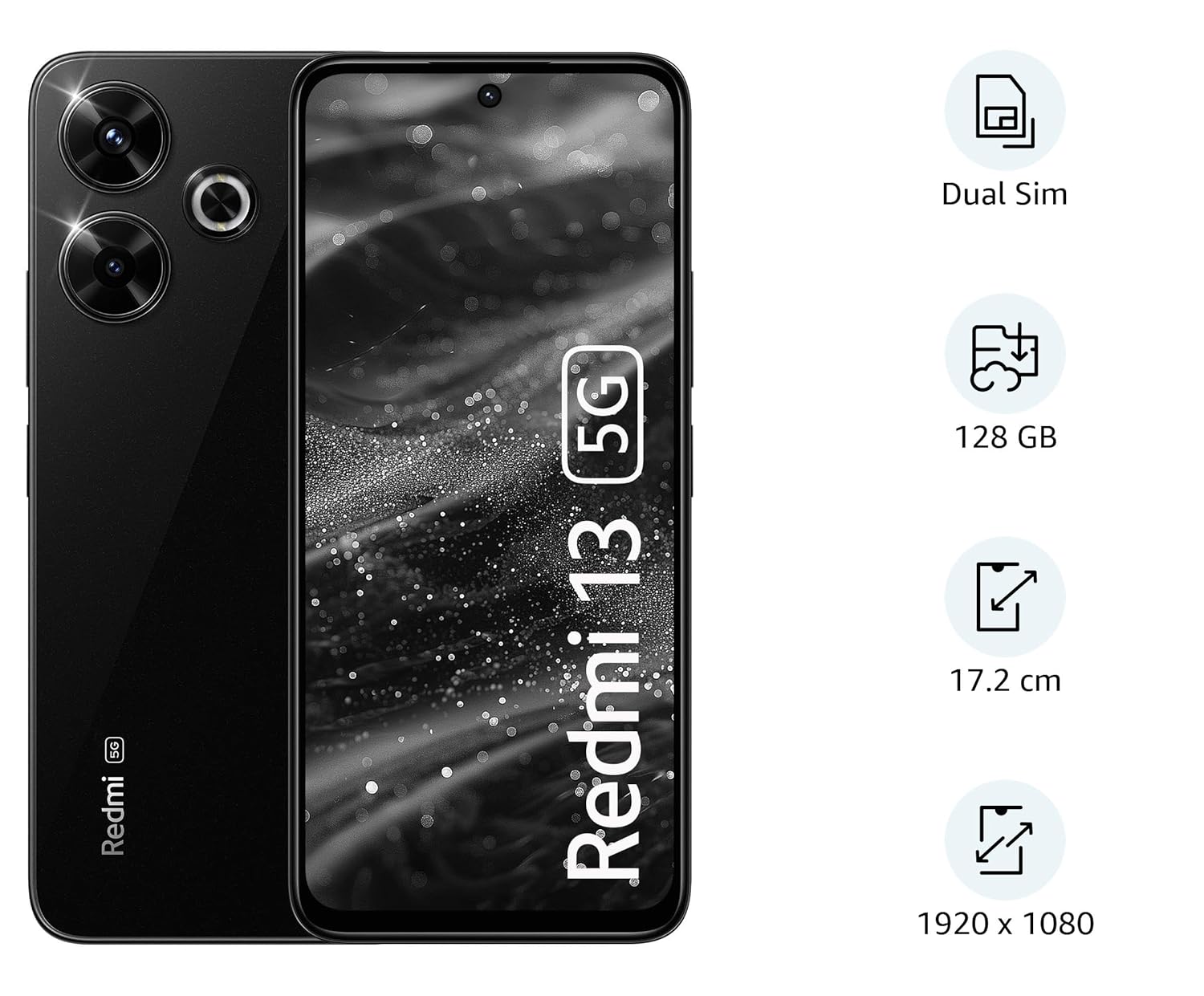 Black Redmi 13 5G smartphone front and back view with dual sim 128GB storage and 1920x1080 display