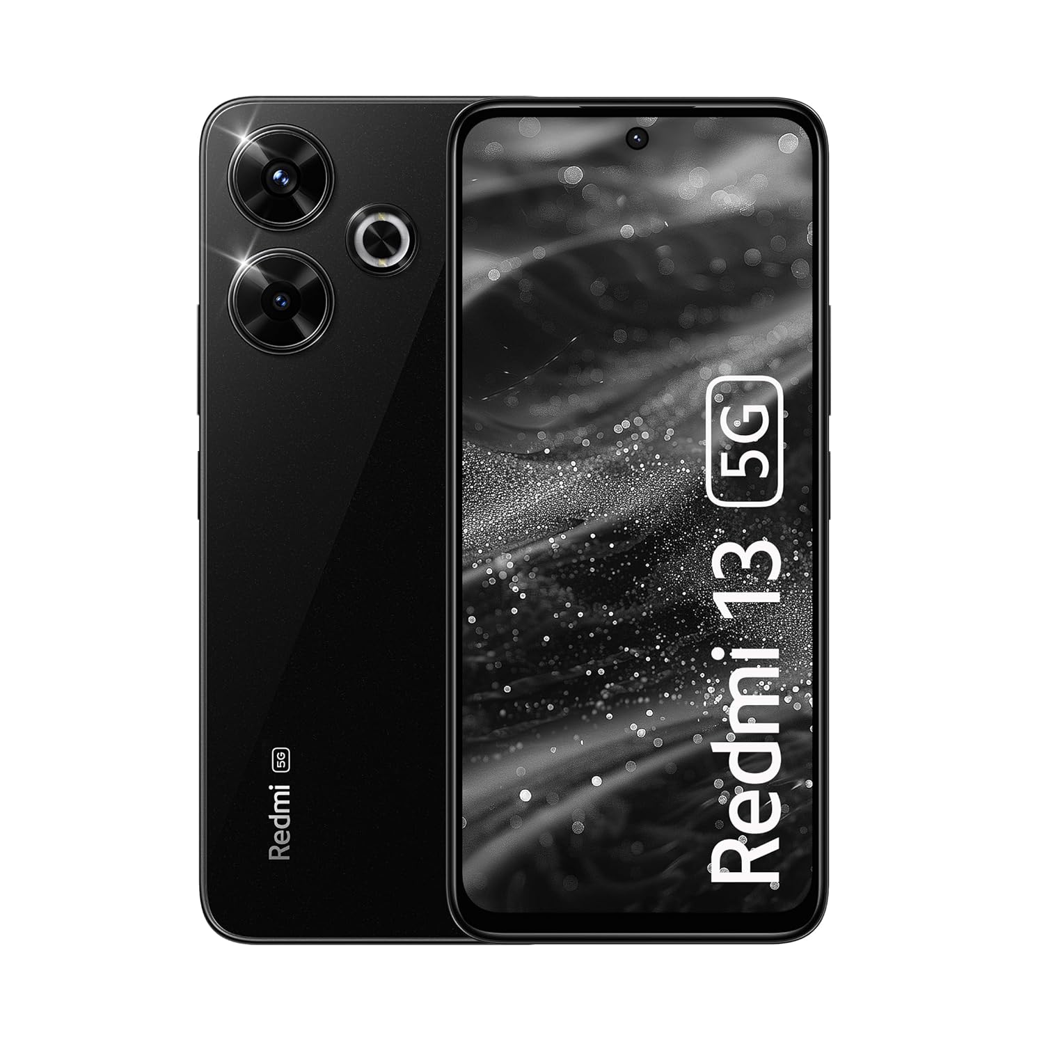 Redmi 13 5G smartphone in black showing front display and rear dual camera setup