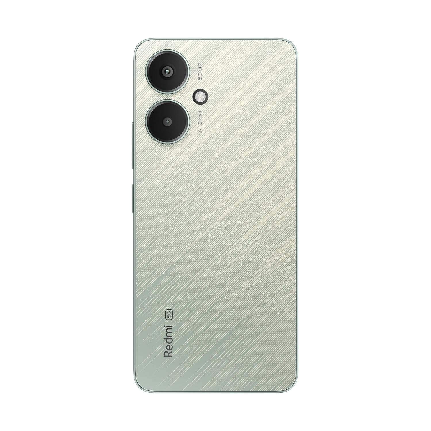 Back view of Redmi 13C 5G smartphone in silver with dual cameras and textured finish