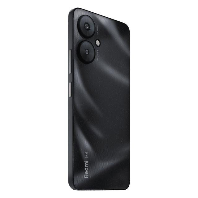 Black Redmi 13C 5G smartphone showing dual camera and sleek design on a black background