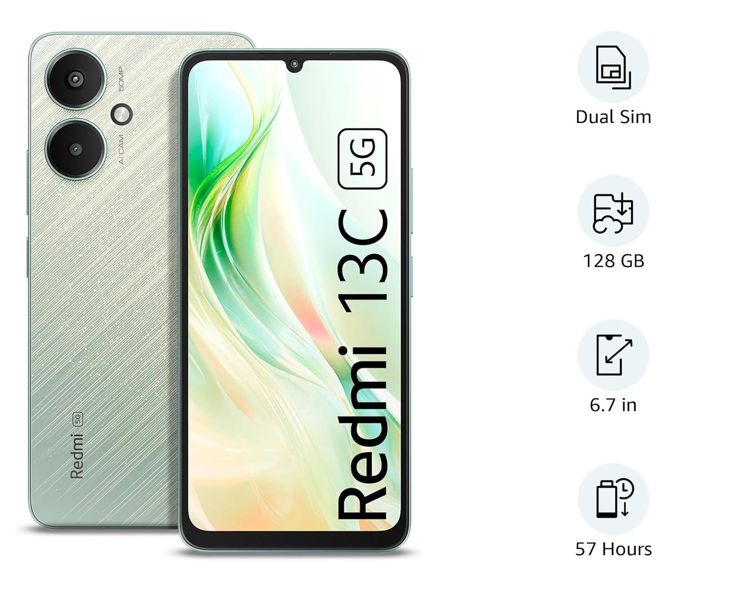 Redmi 13C 5G smartphone with 6.7 inch display, dual rear cameras, and 128GB storage shown front and back