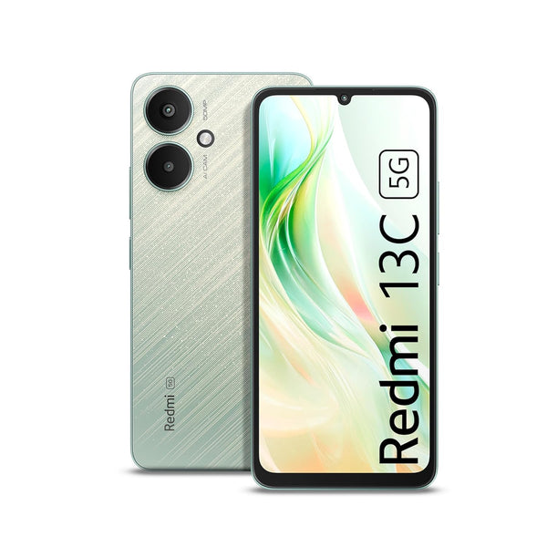 Redmi 13C 5G smartphone with dual rear cameras and green textured back cover