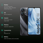 Redmi 13C 5G smartphone with 6.74 inch display, dual cameras, 6GB RAM, and 5000mAh battery