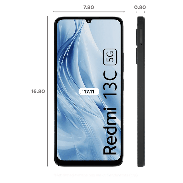 Front and side view of Redmi 13C 5G smartphone with waterdrop notch and slim design showing dimensions